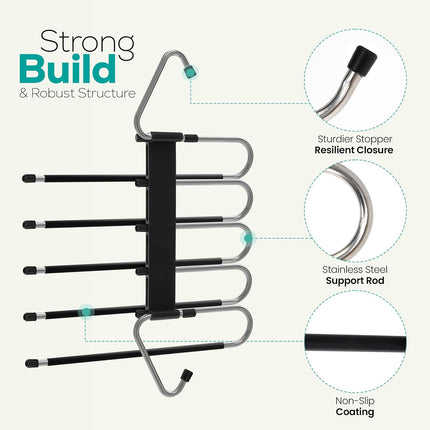 2 Pack Pants Hangers Space Saving - Clothes Hanger with Stainless Steel Hook & Anti-Slip Design - Closet Organizer for Jeans, Trousers, Skirts, Scarf & Slacks (Black).