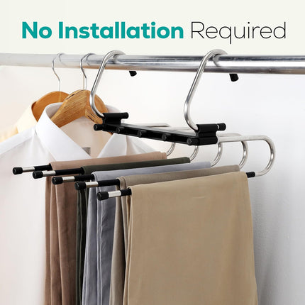 2 Pack Pants Hangers Space Saving - Clothes Hanger with Stainless Steel Hook & Anti-Slip Design - Closet Organizer for Jeans, Trousers, Skirts, Scarf & Slacks (Black).