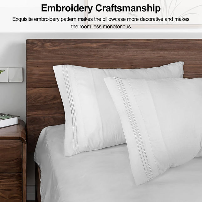 King Pillow Cases 2 Pack,1800 Thread Count Embroidered Soft Brushed Microfiber Pillowcases,White.