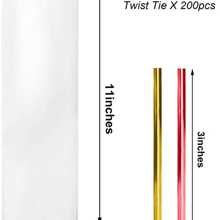 Cellophane Treat Bags,200 Pcs 3x11 Inches Clear Pretzel Bags,Cello Bags with Twist Ties for Packaging Candies,Cookies.