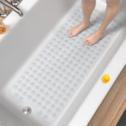 Bath Mat for Tub, Non Slip Bathtub Mat, 101x40cm Extra Long Bath Tub Mat, Machine Washable Bathroom Shower Mat with Suction Cups and Drain Holes, Soft on Feet, Clear.