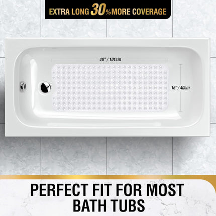 Bath Mat for Tub, Non Slip Bathtub Mat, 101x40cm Extra Long Bath Tub Mat, Machine Washable Bathroom Shower Mat with Suction Cups and Drain Holes, Soft on Feet, Clear.