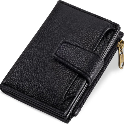 Small Wallet Women RFID Blocking Genuine Leather Bifold Compact Card Holder for Women with Zipper Coin Pocket 4 ID Windows.