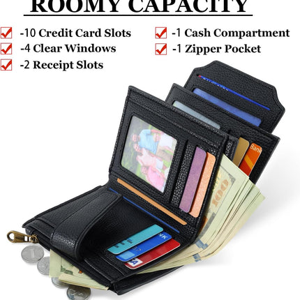 Small Wallet Women RFID Blocking Genuine Leather Bifold Compact Card Holder for Women with Zipper Coin Pocket 4 ID Windows.