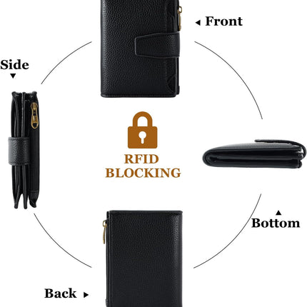 Small Wallet Women RFID Blocking Genuine Leather Bifold Compact Card Holder for Women with Zipper Coin Pocket 4 ID Windows.