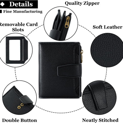 Small Wallet Women RFID Blocking Genuine Leather Bifold Compact Card Holder for Women with Zipper Coin Pocket 4 ID Windows.