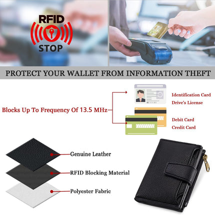 Small Wallet Women RFID Blocking Genuine Leather Bifold Compact Card Holder for Women with Zipper Coin Pocket 4 ID Windows.