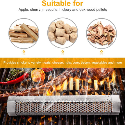 Pellet Smoker Tube, 2 Pack 12'' Stainless Steel BBQ Wood Pellet Tube Smoker, for Cold/Hot Smoking.