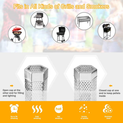 Pellet Smoker Tube, 2 Pack 12'' Stainless Steel BBQ Wood Pellet Tube Smoker, for Cold/Hot Smoking.