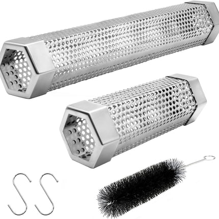 Pellet Smoker Tube Set, 6" & 12" Stainless Steel BBQ Wood Smoker Tube with Brush and 2 Hooks for 2.5hrs/5hrs of Billowing Cold/Hot Smoking for All Grills or Smokers, Smoking Cheese Beef Nuts Fish.