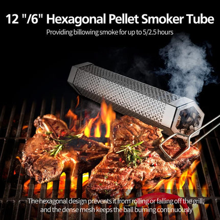 Pellet Smoker Tube Set, 6" & 12" Stainless Steel BBQ Wood Smoker Tube with Brush and 2 Hooks for 2.5hrs/5hrs of Billowing Cold/Hot Smoking for All Grills or Smokers, Smoking Cheese Beef Nuts Fish.