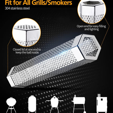 Pellet Smoker Tube Set, 6" & 12" Stainless Steel BBQ Wood Smoker Tube with Brush and 2 Hooks for 2.5hrs/5hrs of Billowing Cold/Hot Smoking for All Grills or Smokers, Smoking Cheese Beef Nuts Fish.