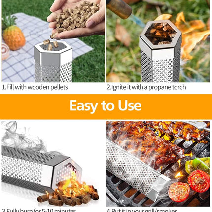 Pellet Smoker Tube Set, 6" & 12" Stainless Steel BBQ Wood Smoker Tube with Brush and 2 Hooks for 2.5hrs/5hrs of Billowing Cold/Hot Smoking for All Grills or Smokers, Smoking Cheese Beef Nuts Fish.