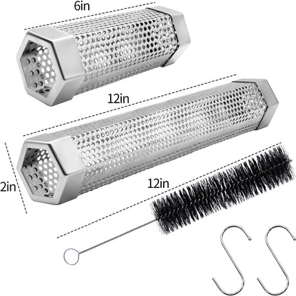 Pellet Smoker Tube Set, 6" & 12" Stainless Steel BBQ Wood Smoker Tube with Brush and 2 Hooks for 2.5hrs/5hrs of Billowing Cold/Hot Smoking for All Grills or Smokers, Smoking Cheese Beef Nuts Fish.