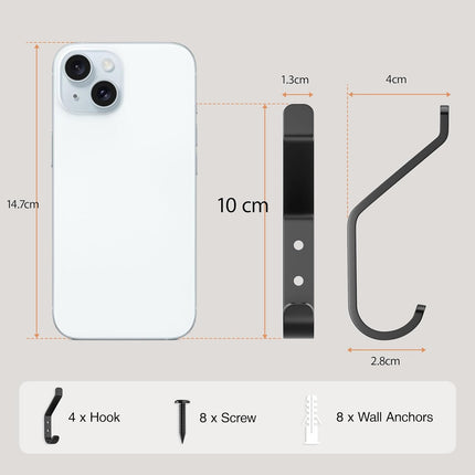 10-Pack Coat Hook for Hanging, 10KG (Max), Stainless Wall Hooks for Towel, Hat, Backpack, Key, Clothes, Wall Mounted Coat Hanger for Closet, Black 10 CM.