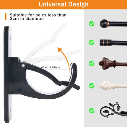 4Pcs Self-Adhesive Curtain Rod Clips, Universal Plastic Curtain Rod Clips, No Drilling,for C urtain Rods up to 40mm (Black) (Curtain Rod Not Included).