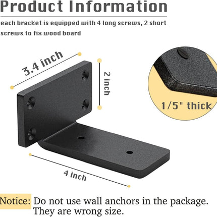 4 Pack Shelf Brackets 4 Inch Floating Shelf Bracket 1/5 inch Thick Heavy Duty Hidden Shelf Brackets Iron Metal Brackets for Shelf Support with Screw Included.