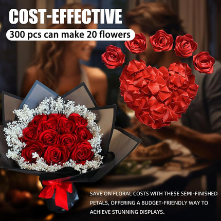 300Pcs Premade Satin Ribbon Rose Petals Half-Finished for Eternal Rose DIY Ramos Forever Flowers Bouquets Everlasting Floral,for Wedding,Anniversary,Birthday (300 Pcs Red).