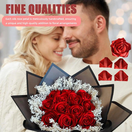 300Pcs Premade Satin Ribbon Rose Petals Half-Finished for Eternal Rose DIY Ramos Forever Flowers Bouquets Everlasting Floral,for Wedding,Anniversary,Birthday (300 Pcs Red).