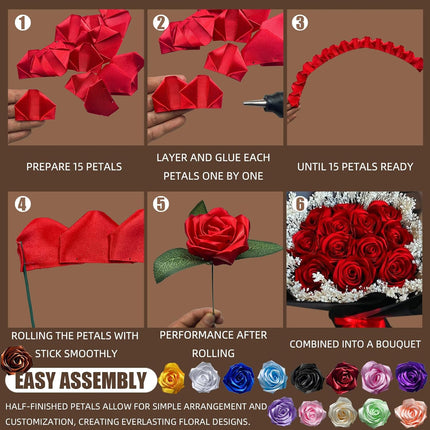 300Pcs Premade Satin Ribbon Rose Petals Half-Finished for Eternal Rose DIY Ramos Forever Flowers Bouquets Everlasting Floral,for Wedding,Anniversary,Birthday (300 Pcs Red).