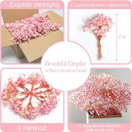 1500+ Mini Pink Dried Babys Breath Flowers, 50pcs Baby Breath Bouquet, 6'' Natural Gypsophila Bulk, Dried Flowers for Gifts, DIY Crafts, Wedding Decor, Card Making, Vase Filler, Wreath Floral.