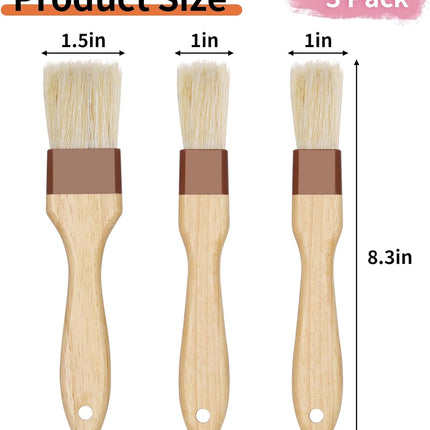 3 Pcs Pastry Brush, Natural Bristle Basting Brush, Cooking Brush, Food Brush, Butter Brush, Baster Brush, BBQ Brushes for Sauce, Kitchen Baking Brushes for Oil, Grilling, Marinade.