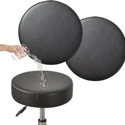 Bar Stool Covers Round Set of 2, Waterproof PU Seat Covers With Elastic Bands, Chair Covers Washable Cushion Slipcover for 12-15 Inch - Black.