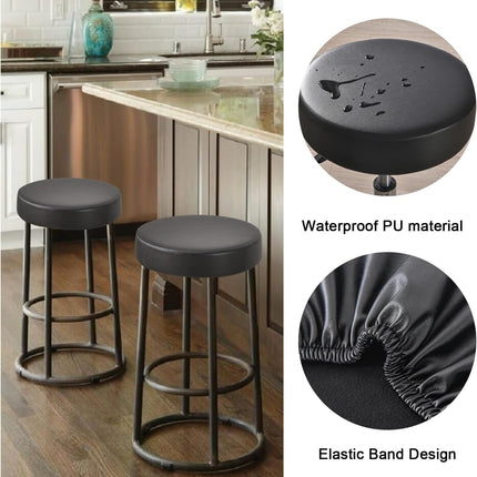 Bar Stool Covers Round Set of 2, Waterproof PU Seat Covers With Elastic Bands, Chair Covers Washable Cushion Slipcover for 12-15 Inch - Black.