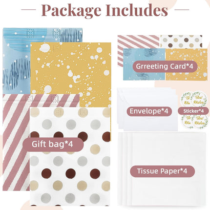 10" Gift Bags Medium Size (4 Pack) - Includes Tissue Paper & Cards, Reusable Non-Woven Gift Bags with handles, Perfect for Birthday, Wedding, Baby Shower, Party, Holiday, 10" x 8" x 4".