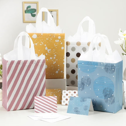 10" Gift Bags Medium Size (4 Pack) - Includes Tissue Paper & Cards, Reusable Non-Woven Gift Bags with handles, Perfect for Birthday, Wedding, Baby Shower, Party, Holiday, 10" x 8" x 4".