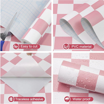 Checkered Wallpaper Peel and Stick Pink Mosaic Checkerboard Contact Paper 17.3”X120”Modern Self Adhesive Vinyl Removable Wall Paper for Shelf Liner,Classroom,Cabinets,Living Room.