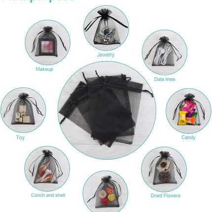 100Pcs Black Organza Bags 3x4 Inch, Small Mesh Jewelry Bags Drawstring Gift Bag Wedding Party Favor Halloween Candy Treat Pouches.