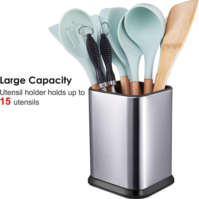 Stainless Steel Kitchen Utensil Holder for Countertop, Spoon Spatula Organizer,Modern Rectangular Large Cooking Utensil Caddy Counter,Utensil Crock Silver.