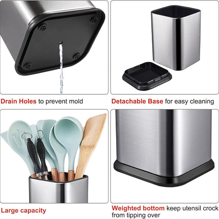 Stainless Steel Kitchen Utensil Holder for Countertop, Spoon Spatula Organizer,Modern Rectangular Large Cooking Utensil Caddy Counter,Utensil Crock Silver.