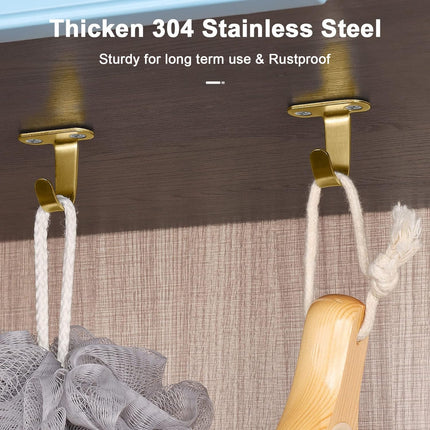 Stainless Steel Screw Mounted Ceiling Hooks, Under-Shelf Towel/Robe Clothes Hook Heavy Duty Coat Hanger for Bathroom Kitchen Cabinet Garage, 10 Pack (Brushed Gold).