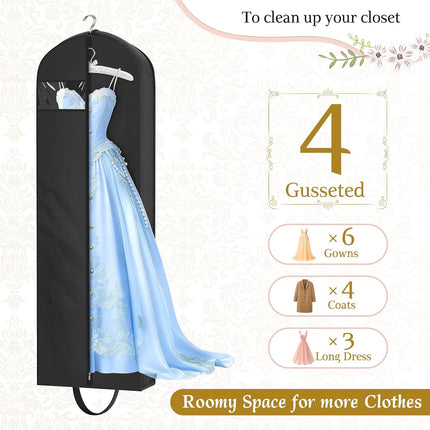 72" Wedding Dress Garment Bag for Travel with 4" Gusseted Long Hanging Dress Bags for Gowns for Women Garment Cover Clothes Storage for Closet, Black.