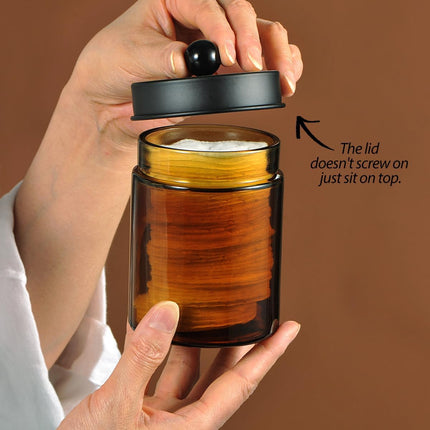 Amber Glass Qtip Holder, Apothecary Jar,Qtip Dispenser with Metal Lid & Stickers- 3Pack Containers,Vanity Canister Organizer Storage,Bathroom Accessories Set for Cotton Swab, Ball, Pad, Floss.