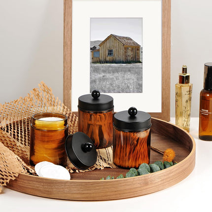 Amber Glass Qtip Holder, Apothecary Jar,Qtip Dispenser with Metal Lid & Stickers- 3Pack Containers,Vanity Canister Organizer Storage,Bathroom Accessories Set for Cotton Swab, Ball, Pad, Floss.