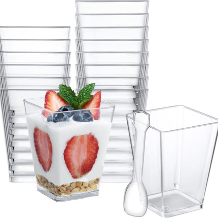 5 oz Plastic Dessert Cups 50 Pack Small Clear Square Parfait Cups with Spoons, Mini Plastic Tumbler Serving Cups for Tasting Party Appetizers Mousse Yogurt.