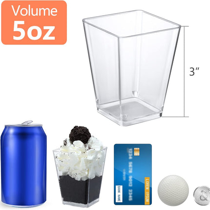 5 oz Plastic Dessert Cups 50 Pack Small Clear Square Parfait Cups with Spoons, Mini Plastic Tumbler Serving Cups for Tasting Party Appetizers Mousse Yogurt.