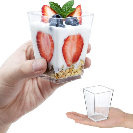 5 oz Plastic Dessert Cups 50 Pack Small Clear Square Parfait Cups with Spoons, Mini Plastic Tumbler Serving Cups for Tasting Party Appetizers Mousse Yogurt.
