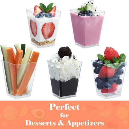 5 oz Plastic Dessert Cups 50 Pack Small Clear Square Parfait Cups with Spoons, Mini Plastic Tumbler Serving Cups for Tasting Party Appetizers Mousse Yogurt.