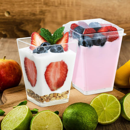 5 oz Plastic Dessert Cups 50 Pack Small Clear Square Parfait Cups with Spoons, Mini Plastic Tumbler Serving Cups for Tasting Party Appetizers Mousse Yogurt.