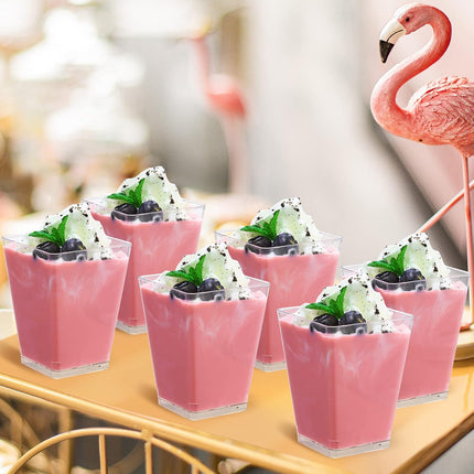5 oz Plastic Dessert Cups 50 Pack Small Clear Square Parfait Cups with Spoons, Mini Plastic Tumbler Serving Cups for Tasting Party Appetizers Mousse Yogurt.