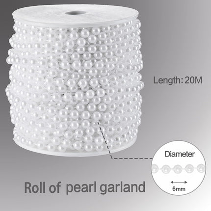 Craft String Pearls 6MM Pearl Bead, 66 Feet White Faux Pearl Garland Spool Roll Strand Wedding Party Decoration, Christmas Tree Decorations.