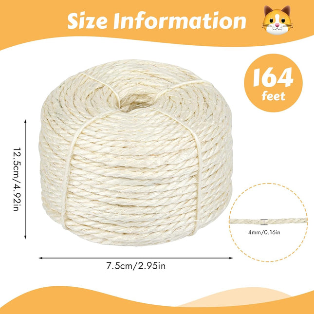 164 Feet Sisal Rope for Cat Scratching Post, 1/6 Inch Natural Cat Tree Rope, DIY Hemp Twine Rope for Repairing, Recovering Scratch Post Cats Tree Tower Replacement (White).