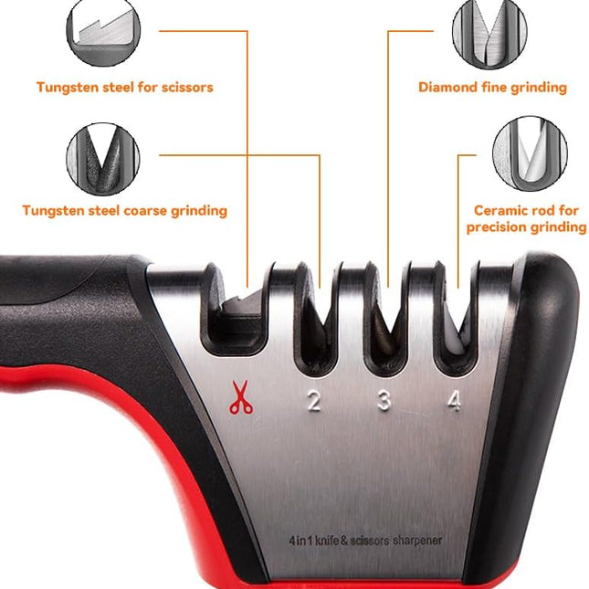 4-in-1 Knife Sharpener, Kitchen Knife Accessories for Ceramic Knives, Steel Knives and Scissors, Aiding in Repair, Restoration, and Polishing of Blades.