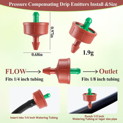 60Pcs 0.25 GPH Pressure Compensating Irrigation Spot Drippers,Constant Flow Barb Outlet Watering Dripper Emitters Heads Parts for 1/4 Inch Watering Tubing Line for Garden Pots Plant Irrigation Systems.