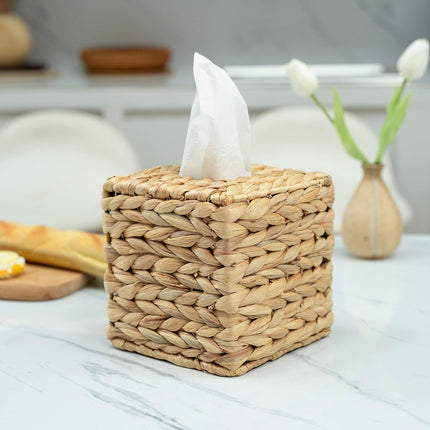 Tissue Box Holder - Square- Rattan Wicker Tissues Cube Box Cover -Boho Decorative Woven Facial Tissue Holder on Table and Barthroom (Square).