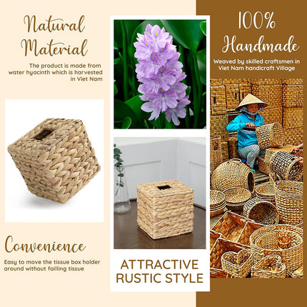 Tissue Box Holder - Square- Rattan Wicker Tissues Cube Box Cover -Boho Decorative Woven Facial Tissue Holder on Table and Barthroom (Square).